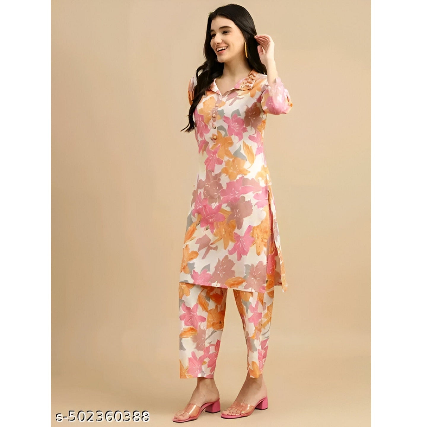 Orange Printed Polyster Co-Ords Kurta Set For Women